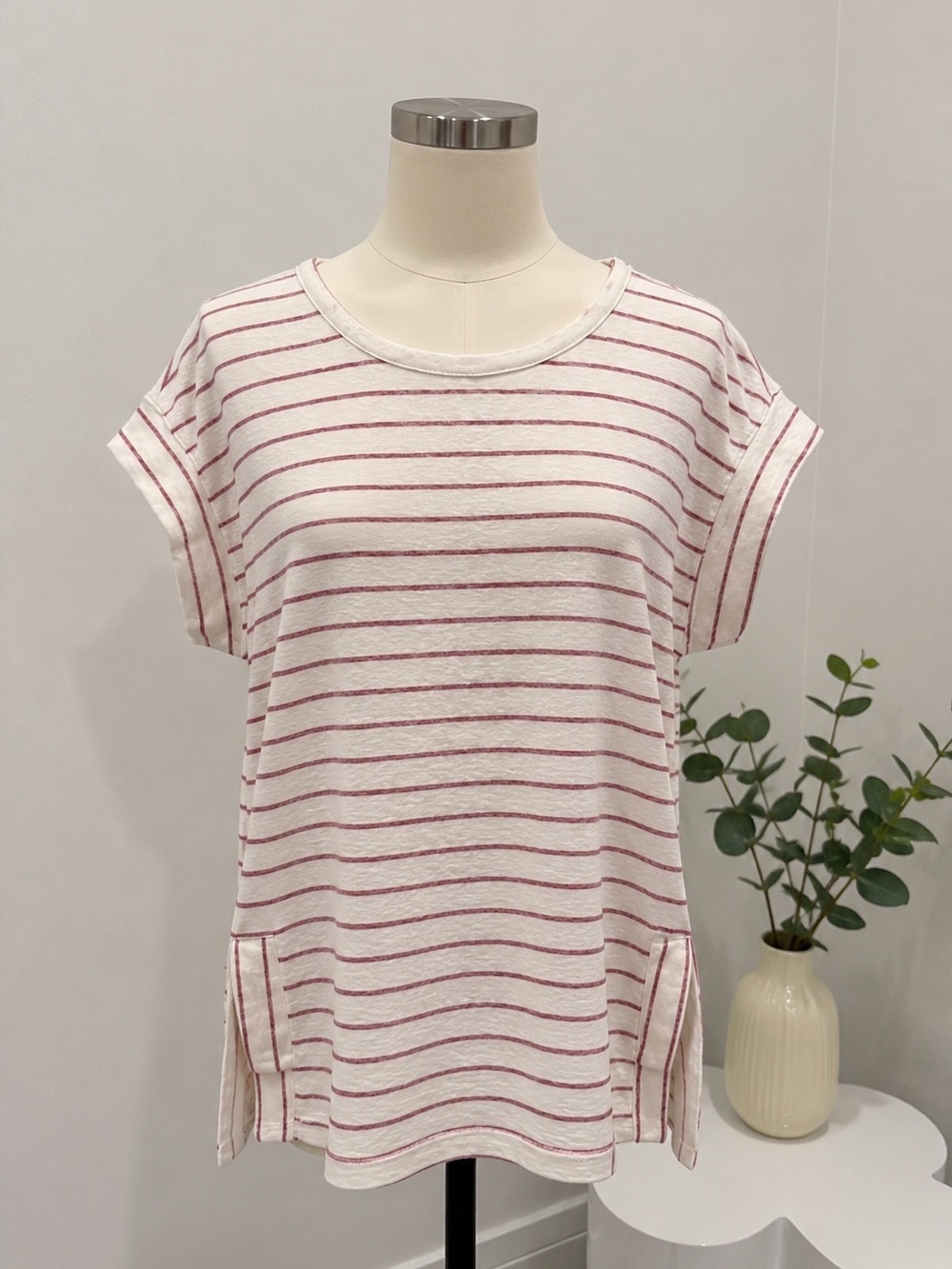 Bobeau White Tee with Pink Stripe Knit